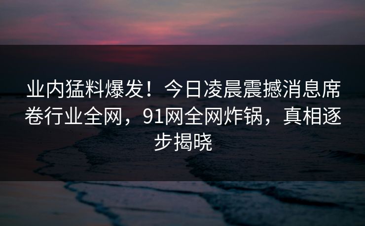 业内猛料爆发！今日凌晨震撼消息席卷行业全网，91网全网炸锅，真相逐步揭晓